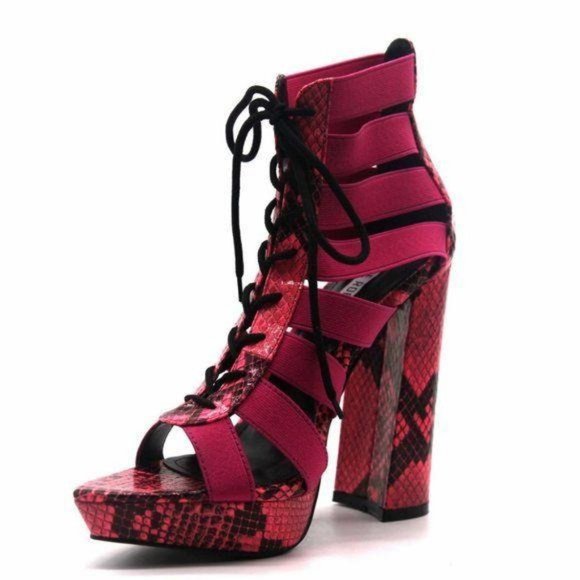 Pink Snakeskin Platform Lace Up Heels - Picture 3 of 5
